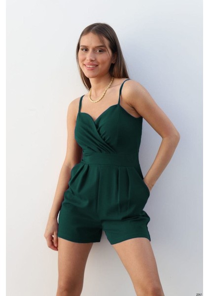 Askılı Kruvaze Yaka Şort Tulum