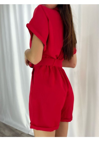 Kadın Dokuma Krep Kumaş Kemerli Şort Tulum fiyatları