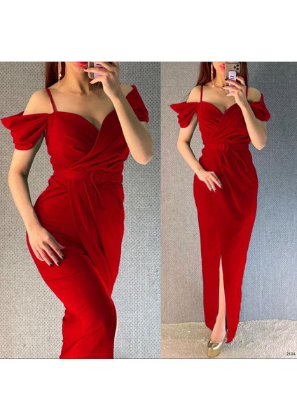 Omuz Detaylı Kemerli Önden Yırtmaç Detaylı Ithal Krep Kumaş Abiye Elbise