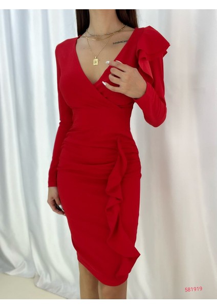 Ithal Krep Kumaş Uzun Kol Fırfırlı Elbise fiyatları