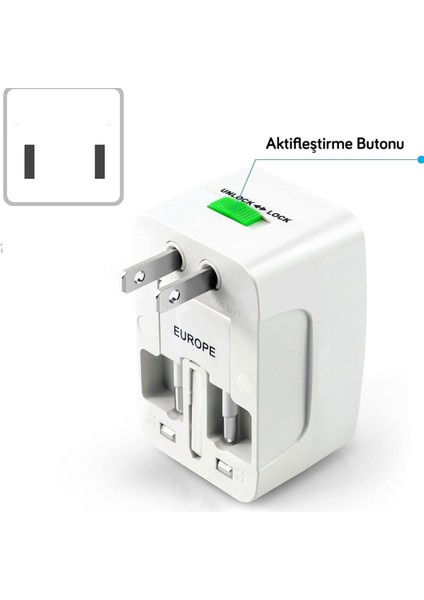 Universal Akım Korumalı Çevirici Seyahat Türk Ingiliz Amerikan Asya Avrupa Çoklu Fiş Başlık Adaptör