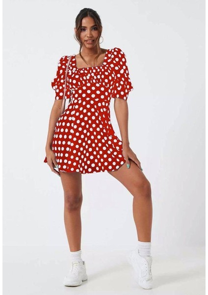 U Yaka Dijital Baskı Puantiyeli Mini Elbise (Renk Seçenekli)