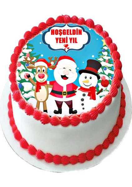 Yenilebilir Pasta Resmi Yılbaşı Modeli 6-8-10 Kişilik 16 cm