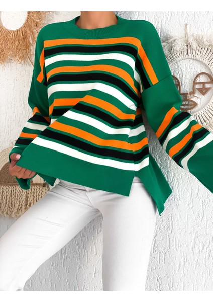 Noa&noa Standart Beden Çizgili Bisiklet Yaka Yırtmaçlı Kazak