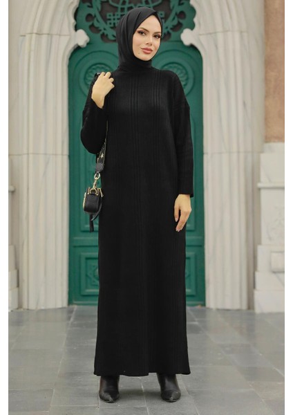 - Boğazlı Yaka Siyah Tesettür Triko Elbise 34150S