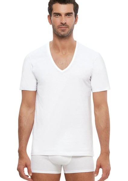 2'li Beyaz V Yaka Pamuk Erkek Tshirt
