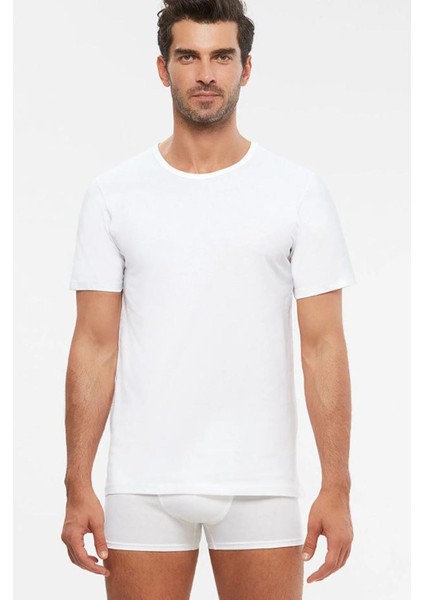 2'li Beyaz Bisiklet Yaka Erkek Tshirt
