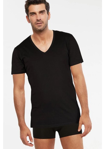 2'li Siyah V Yaka Pamuk Erkek Tshirt