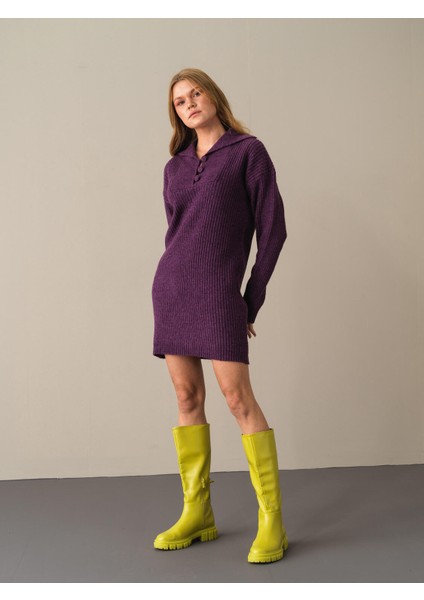 Kadın Mor Regular Fit Triko Mini Elbise
