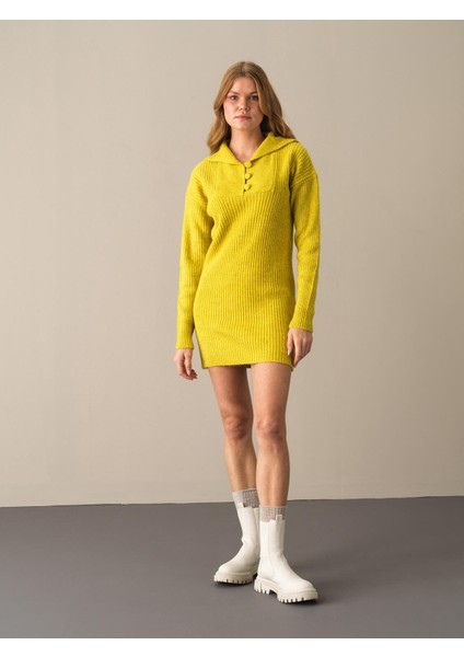 Kadın Sarı Regular Fit Triko Mini Elbise