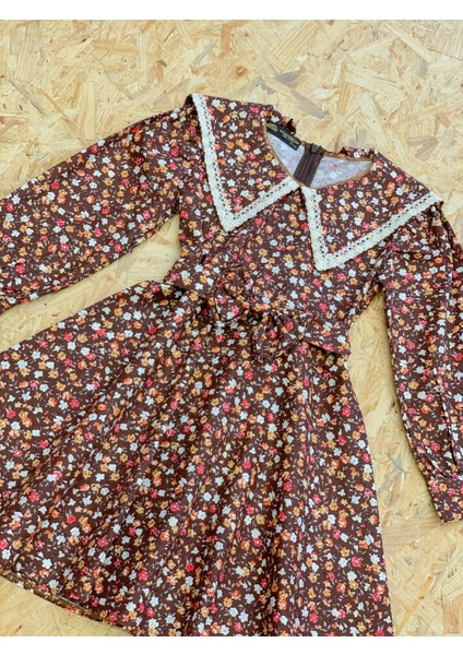 Küçüğüm Butik Vintage Yakalı Kahverengi Çiçekli Uzun Kol Kloş Kız Çocuk Elbise