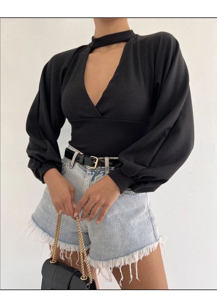 Kadın Siyah Derin V Yaka Ön Dekolteli Balon Kol Fitilli Bürümcük Kumaş Bluz modelleri