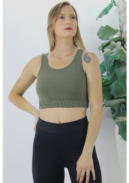 Kadın Beli Lastikli Crop Haki L