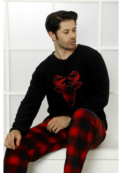 Kışlık Baba Oğul Polar Pijama Takımı -Geyikli Yılbaşı Aile Pijaması- Tek Adet modelleri