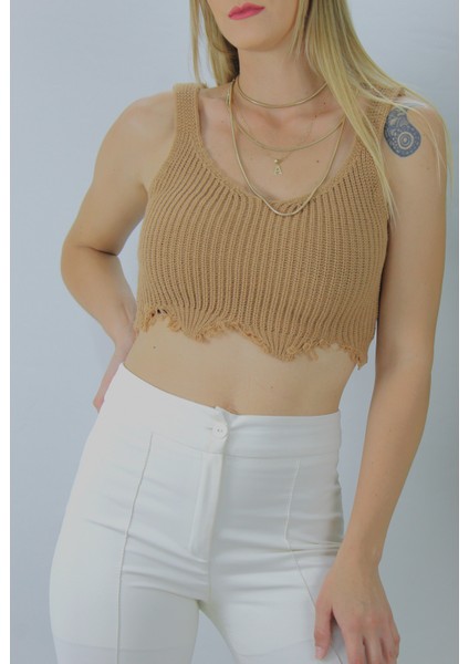 Kadın Örme Kolsuz Bayan Triko Vizon Standart