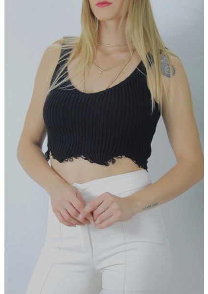 Kadın Örme Kolsuz Bayan Triko Siyah Standart
