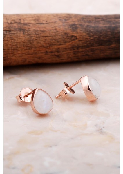 Doğal Ay Taşlı Damla Mini Rose Gümüş Küpe 5819