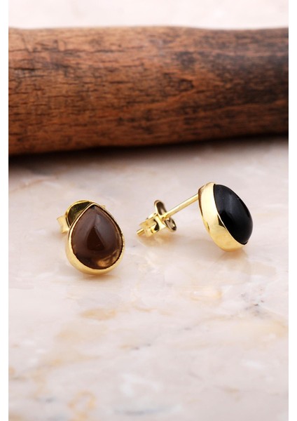 Doğal Smoky Taşlı Damla Mini Altın Yaldızlı Gümüş Küpe 5822