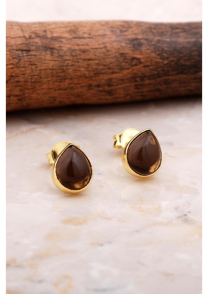 Doğal Smoky Taşlı Damla Mini Altın Yaldızlı Gümüş Küpe 5822 fiyatları