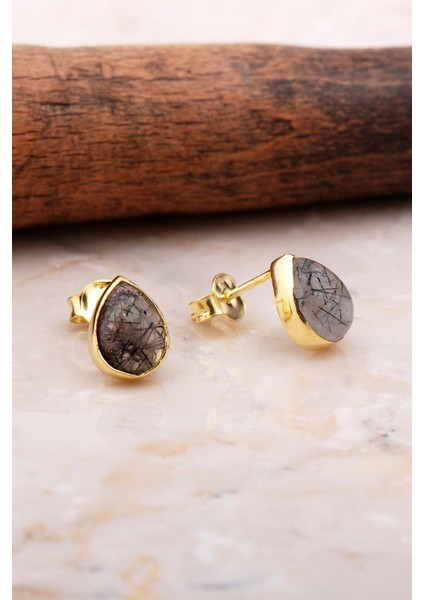 Doğal Rutil Kuvars Taşlı Damla Mini Altın Yaldızlı Gümüş Küpe 5825