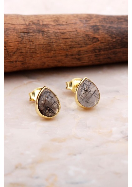 Doğal Rutil Kuvars Taşlı Damla Mini Altın Yaldızlı Gümüş Küpe 5825 fiyatları