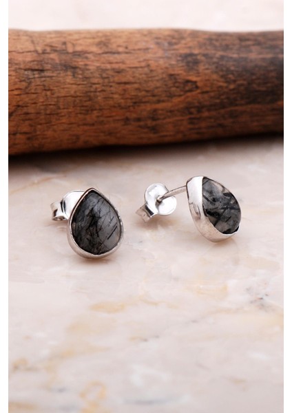 Doğal Rutil Kuvars Taşlı Damla Mini Rodyumlu Gümüş Küpe 5826