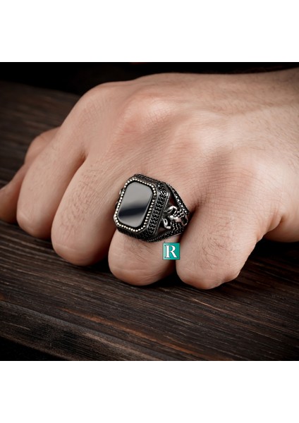 925 Gümüş Yüzük Akrep Figürlü Beyaz Sedef Siyah Oniks ve Firuze Taşlı Erkek Takı Hediyelik