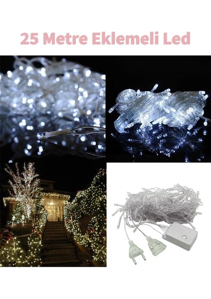 Fonksiyonlu Beyaz 25 Metre Dekor LED - Çam Ağacı Süsü Yılbaşı Süsü - Pirinç LED