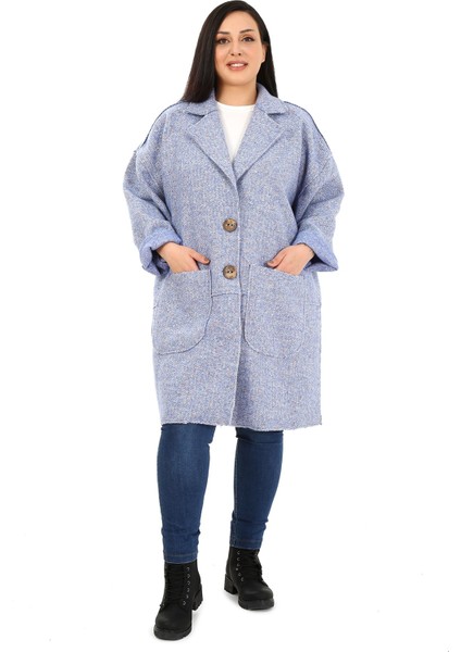 Büyük Beden Düşük Kollu Torba Cepli Büyük Düğmeli Pis Dikişli Oversize Simli Mavi Ceket