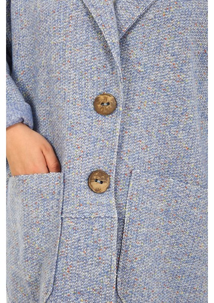 Büyük Beden Düşük Kollu Torba Cepli Büyük Düğmeli Pis Dikişli Oversize Simli Mavi Ceket indirimleri