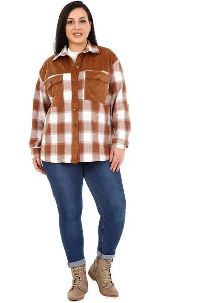 Büyük Beden Kadife Kumaş Garnili Göğüsten Cepli Oduncu Kahverengi Gömlek