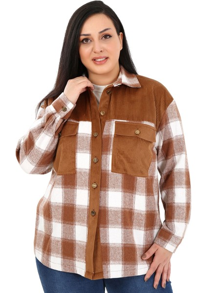 Büyük Beden Kadife Kumaş Garnili Göğüsten Cepli Oduncu Kahverengi Gömlek fiyatları