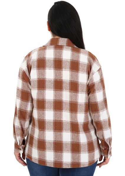 Büyük Beden Kadife Kumaş Garnili Göğüsten Cepli Oduncu Kahverengi Gömlek modelleri