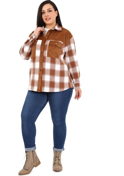 Büyük Beden Kadife Kumaş Garnili Göğüsten Cepli Oduncu Kahverengi Gömlek fırsatları