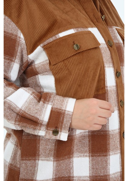 Büyük Beden Kadife Kumaş Garnili Göğüsten Cepli Oduncu Kahverengi Gömlek indirimleri