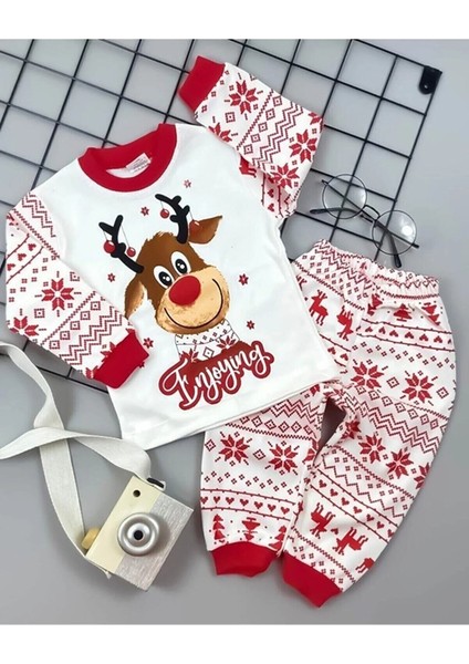 Bilgetrend Yılbaşı Noel Yeniyıl Etnik Desen Geyikli Çocuk Pijama Takım 1 2 3 4 5 6 7 8 9 Yaş