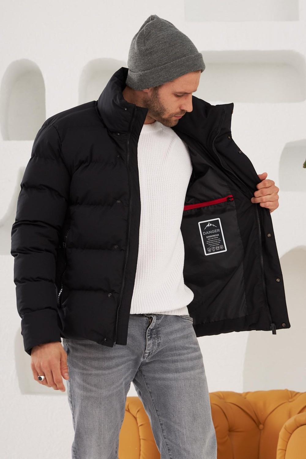 Danger Erkek Dik Yaka Yağmur ve Rüzgar Geçirmez Puffer Mont Siyah görsel 3