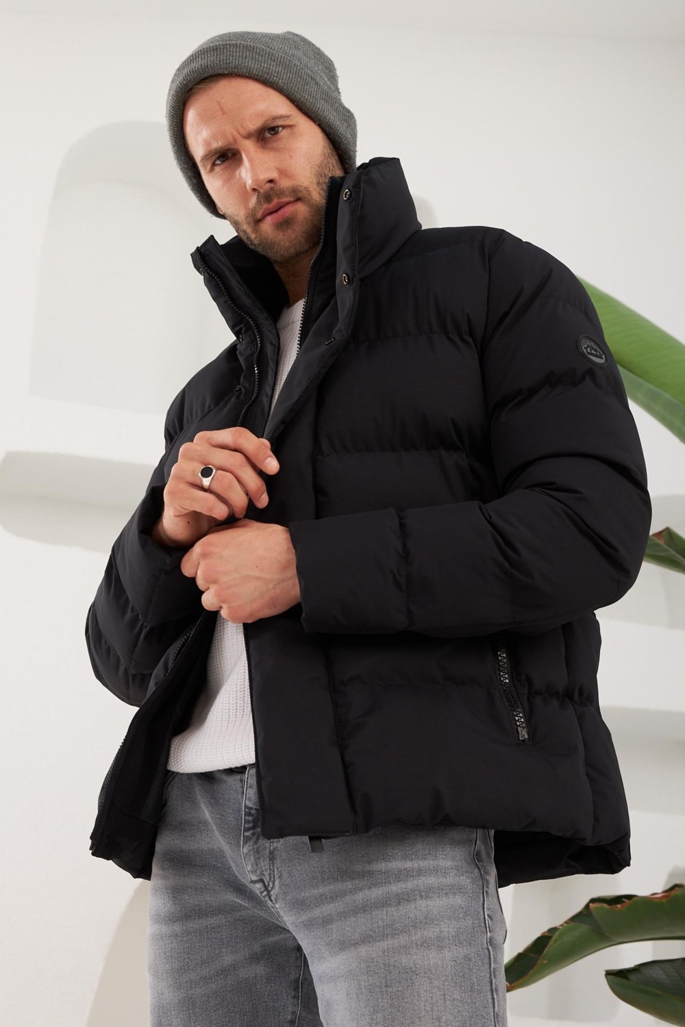 Danger Erkek Dik Yaka Yağmur ve Rüzgar Geçirmez Puffer Mont Siyah görsel 4