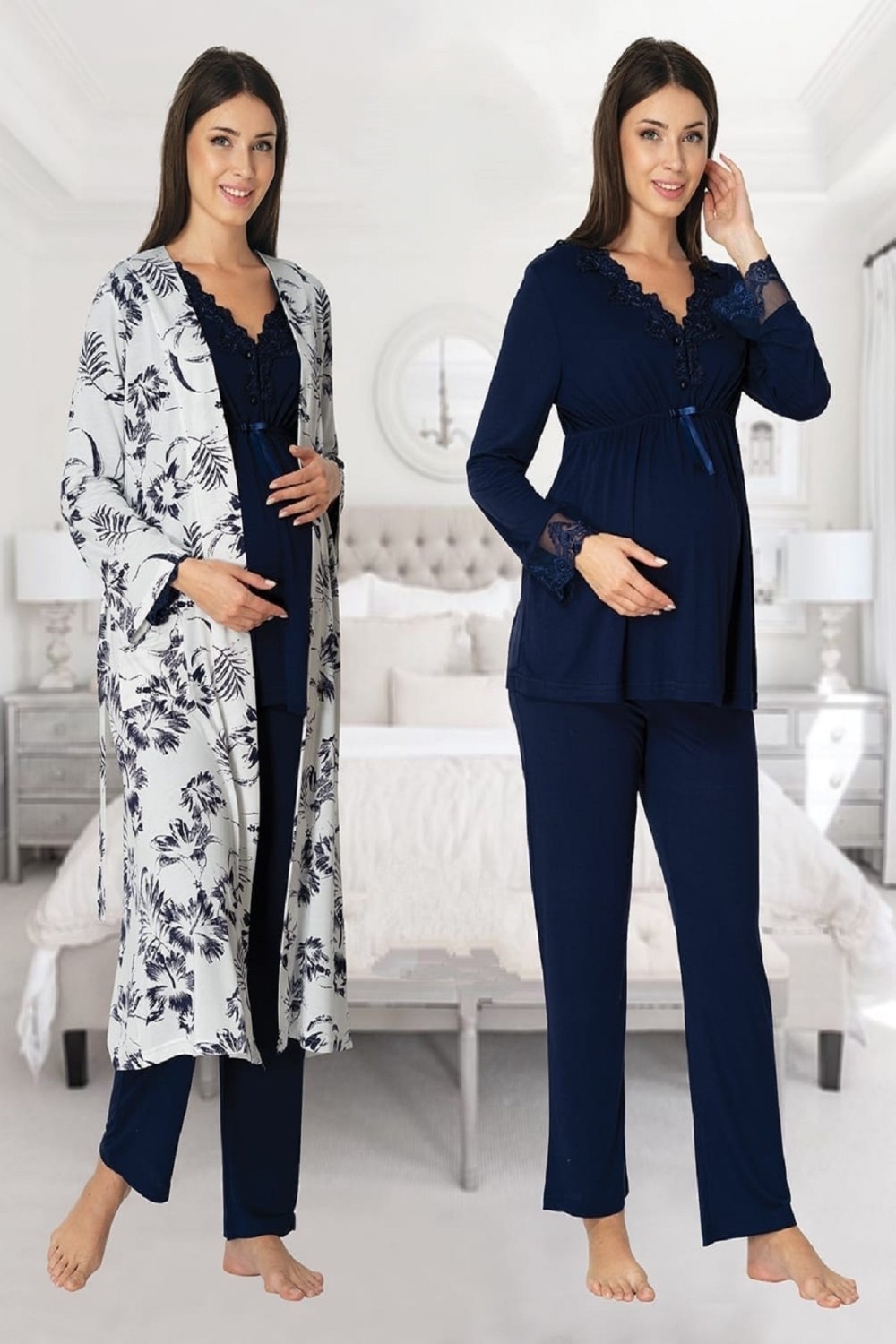 Puerpera Effort Kadın Pembe Uzun Kollu Lohusa Hamile Sabahlıklı Pijama Takımı 8094 görsel 5