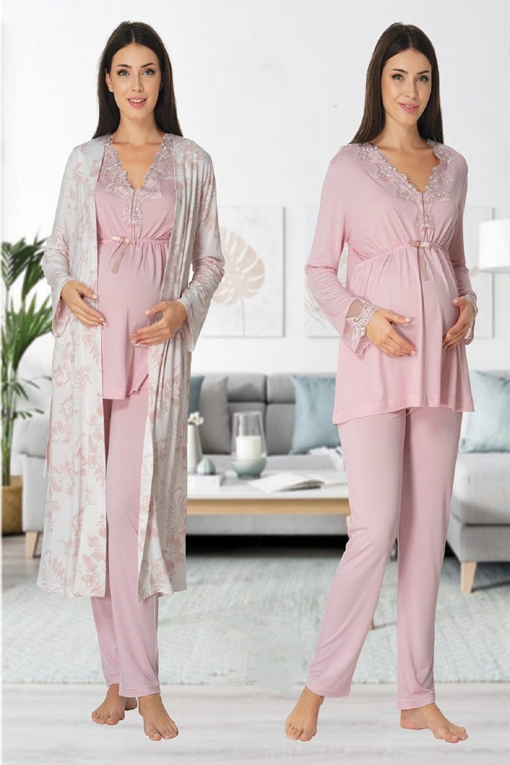 Puerpera Effort Kadın Pembe Uzun Kollu Lohusa Hamile Sabahlıklı Pijama Takımı 8094 görsel 7