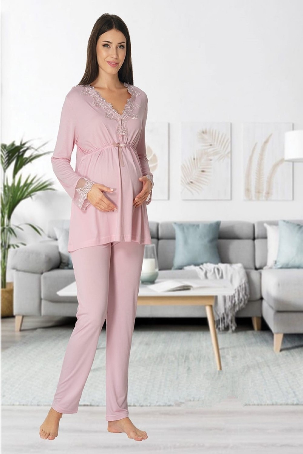 Puerpera Effort Kadın Pembe Uzun Kollu Lohusa Hamile Sabahlıklı Pijama Takımı 8094 görsel 8