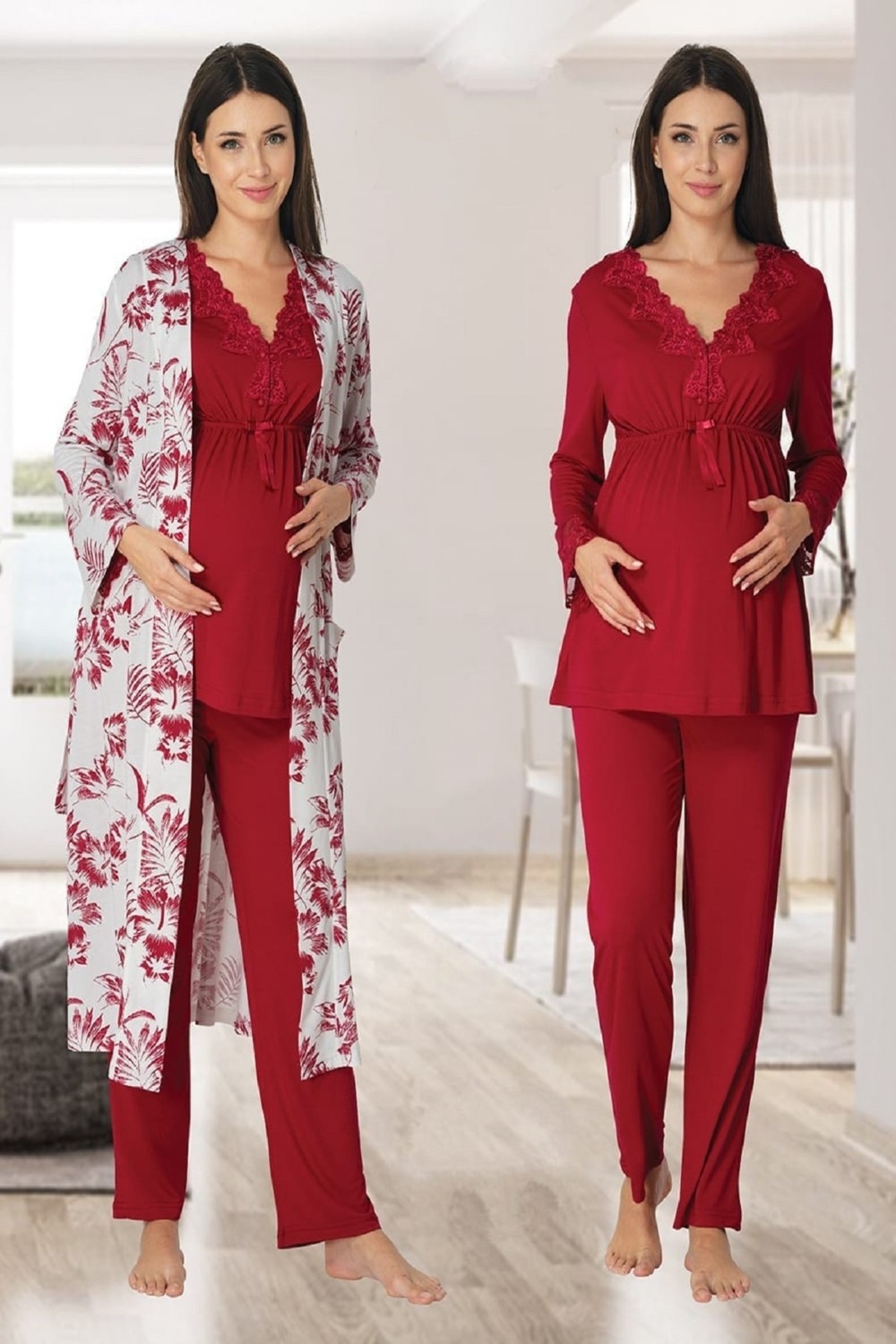 Puerpera Effort Kadın Pembe Uzun Kollu Lohusa Hamile Sabahlıklı Pijama Takımı 8094