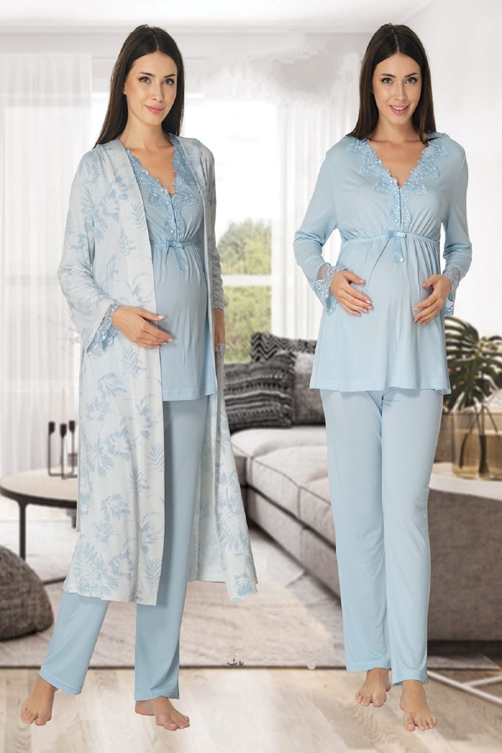 Puerpera Effort Kadın Pembe Uzun Kollu Lohusa Hamile Sabahlıklı Pijama Takımı 8094 görsel 3