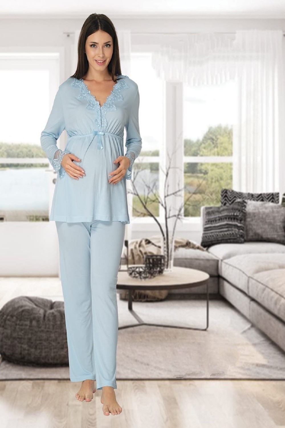 Puerpera Effort Kadın Pembe Uzun Kollu Lohusa Hamile Sabahlıklı Pijama Takımı 8094 görsel 4