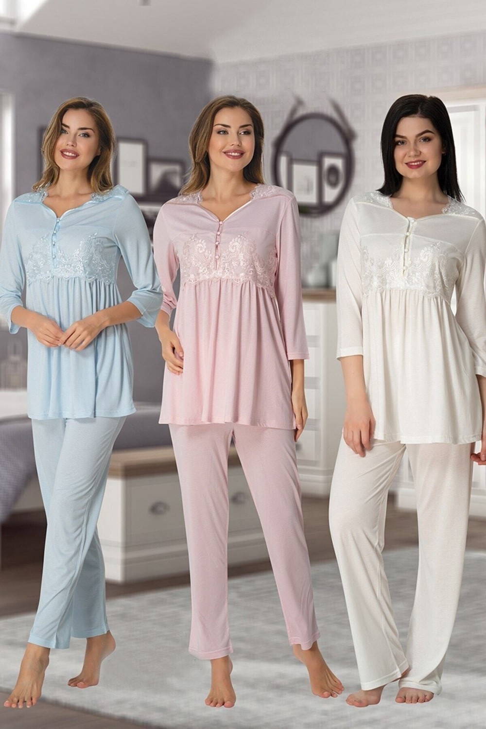 Puerpera Effort Kadın Pembe Dantel Detaylı Lohusa Hamile Pijama Takımı 3011 görsel 3