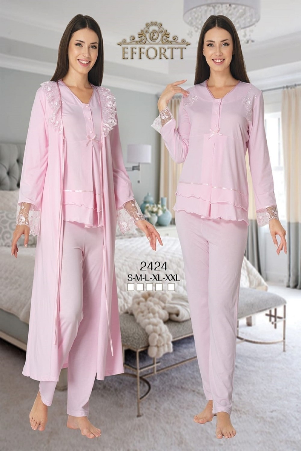 Effort Puerpera Kadın Pembe Uzun Kollu Lohusa Hamile Pijama Takımı Sabahlık Effort 2424 görsel 3