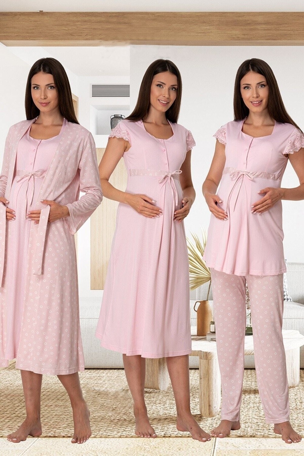 Effort t Kadın Hamile Lohusa Gecelik Sabahlık ve Pijama Takımı 4'lü Set 6016 görsel 7