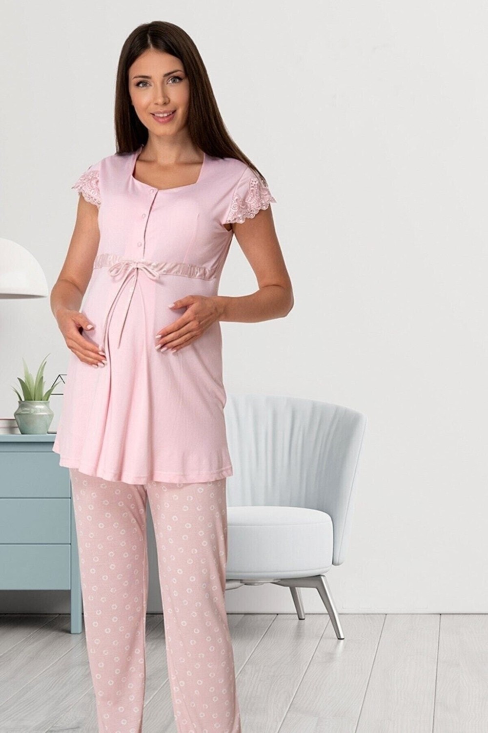Effort t Kadın Hamile Lohusa Gecelik Sabahlık ve Pijama Takımı 4'lü Set 6016 görsel 8
