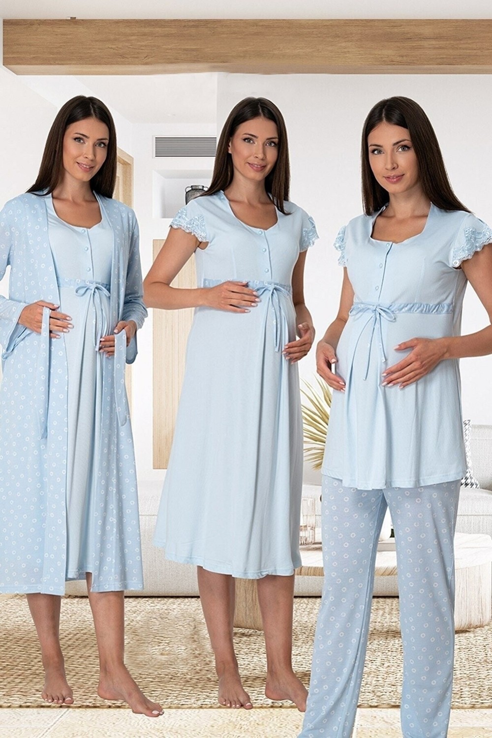 Effort t Kadın Hamile Lohusa Gecelik Sabahlık ve Pijama Takımı 4'lü Set 6016