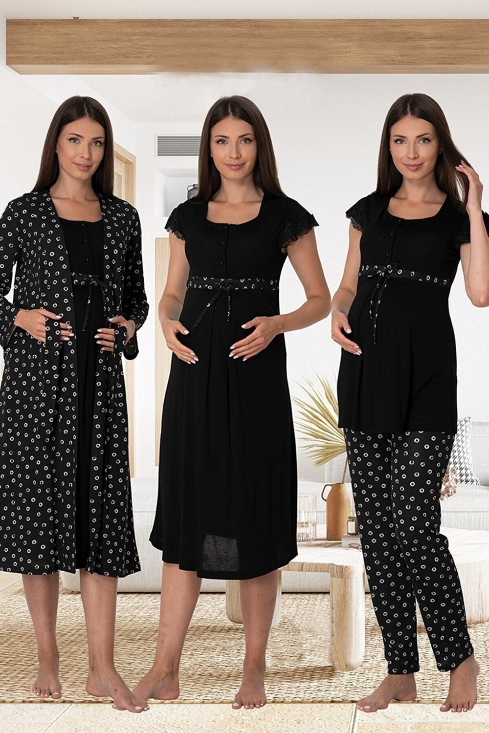 Effort t Kadın Hamile Lohusa Gecelik Sabahlık ve Pijama Takımı 4'lü Set 6016